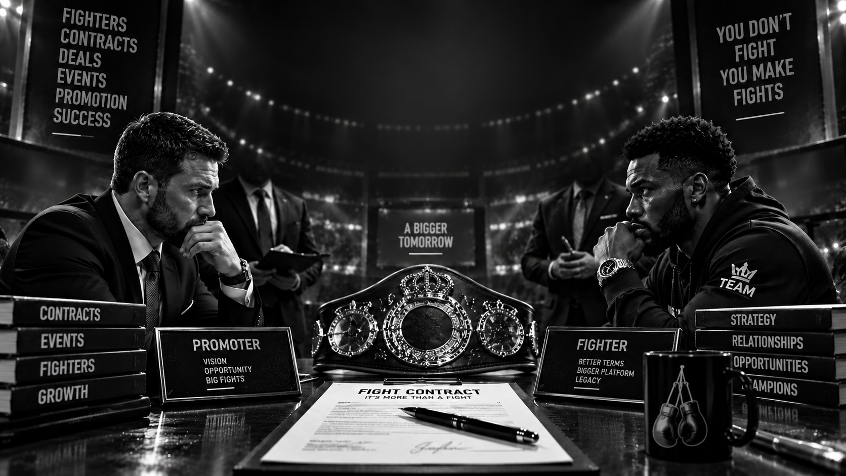 A promoter and a fighter face off across the table as a fight contract sits ready to sign, championship belt between them
