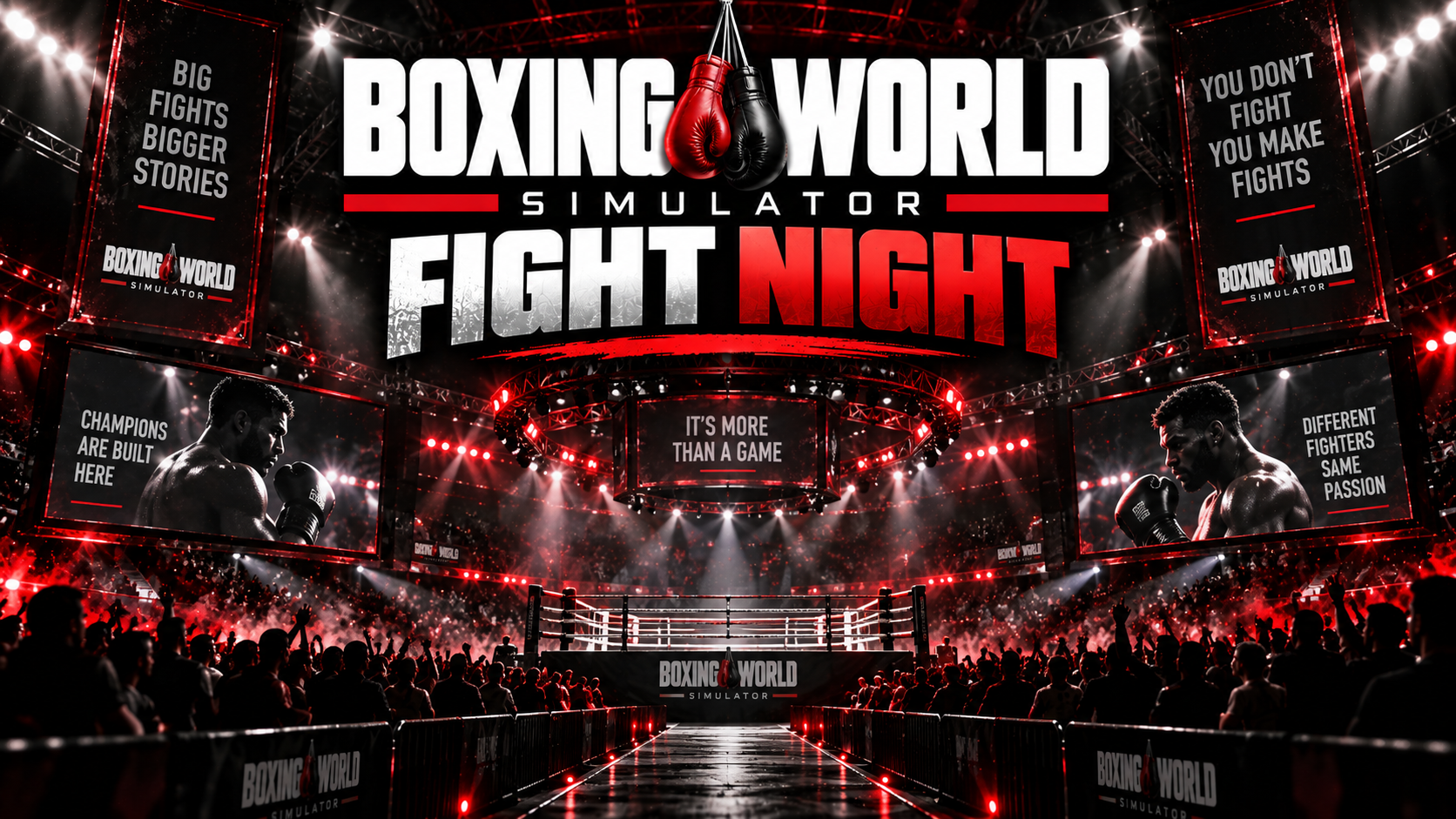 A packed Boxing World Simulator fight night arena, two boxers facing off on the big screens above a crowded ring