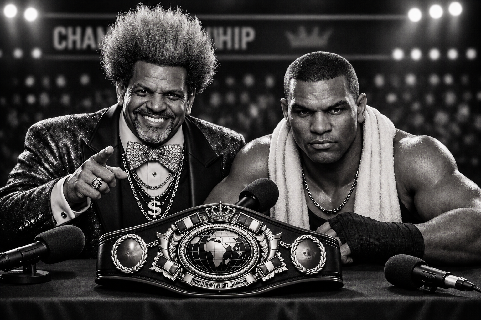 A flamboyant boxing promoter and his champion fighter posing with a world heavyweight title belt at a press table